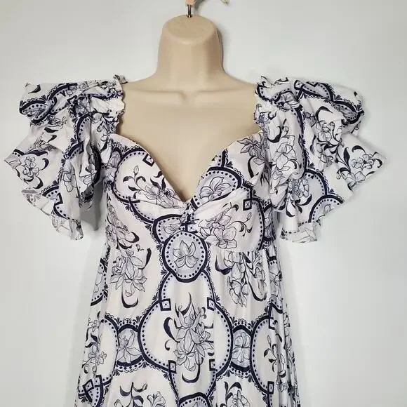 Andres Otalora Raquira Off The Shoulder Printed Cotton Maxi Dress Blue Size 6